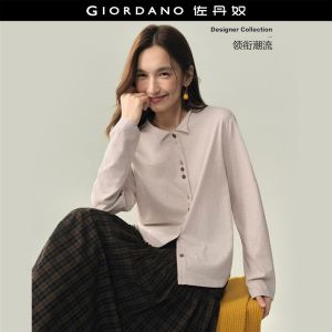 Giordano Women Unevenly spaced button small small collar knit tee Free Shipping 18326635