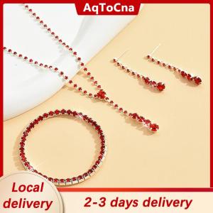 [COD] AqToCna Ship within 24 hours 4Pcs Fashion Bride Wedding Jewelry Set Rhinestone Necklace Earring Bracelet Set Women Banquet Jewelry Accessories