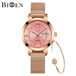 BIDEN Jam Tangan Wanita Tahan Air Fashion Elegan Mode Tanggal Kuarsa Tali Stainless Steel Cewe Jam
