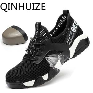QINHUIZE 2019 new safety shoes mens steel toe safety work shoes grid light breathable reflective casual sports shoes anti-puncture protective boots