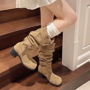REOPYG Y2k Gothic Womens Suede Boots High Heels New Design Mid Long Calf Boots Vintage Biker Pleated Buckle Boots Girls