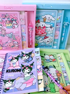 Set Buku Nota Kartun Comel Sanrio Hadiah Pelajar Perempuan Buku Spiral Kanak Kanak Buku Catatan Harian Kuromi Cinnamoroll Cartoon Sanrio Diary Journal Stationery Set Kuromi Notebook Gift Student Girl 卡通三丽鸥手账本套装儿童笔记本礼品创意小学生可爱少女心线圈本 A159
