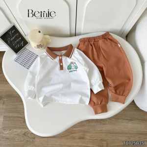 Set bộ polo thun cotton dài tay áo polo họa tiết hình in quần dài bé trai 9 tới 28kg BERNIE T0725B35