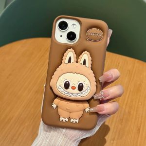 2in1 Silikon Lucu 3D Labubu Pop Standing iPhone 16 15 14 13 12 11 Pro Max Plus 16+ Silicone Rubber Cartoon Kartun Motif Lucu Karakter Socket Soket Anti Noda Softcase Soft Case