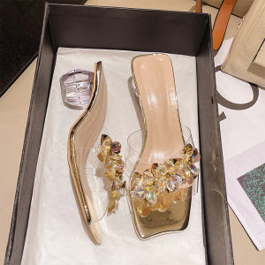 IELGY Sheer Heels Rhinestone Slippers Womens Summer Crystal Sandals French