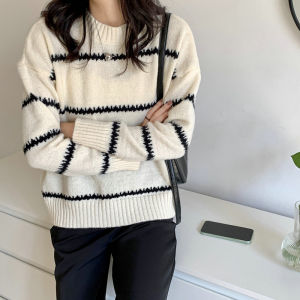Sweaters Wanita Lengan Panjang Kontras Bergaris Rajutan Sweatshirt Longgar All-Match Pullover Atasan Hangat