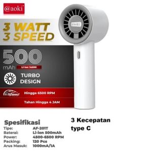 AOKI Kipas Mini Turbo – Angin Kencang Hemat Daya Baterai Awet – Portable 3 Kecepatan USB Charging Baterai Tahan Lama 201T -SS
