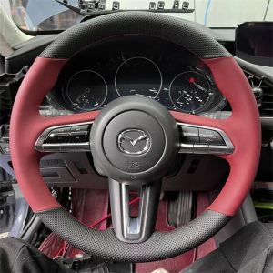 Kaly For Mazda CX-30 2019-2022 Mazda 3 Axela 2019-2022 Hand Stitched non-slip red black Genuine Leather Car Steering Wheel Cover 7P3H9