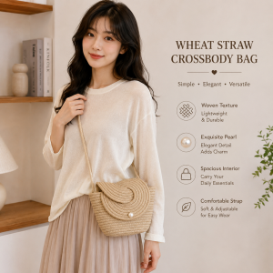 Women Straw Woven Crossbody Bag Summer Beach Shoulder Bag Pearl Button Casual Mini Sling Bag