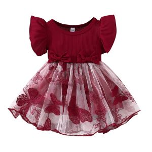 [Selangor Fast Delivery] Baju Bayi Perempuan 3-36 Bulan Baby Girls Dress Short Sleeve Butterfly Embroidery Tulle Bow Decoration Maroon Baju Raya & Christening