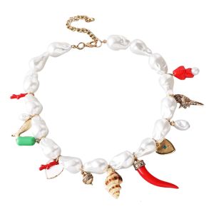 Vintage Baroque Imitation Pearls Heart Chili Pendant Necklace Adjustable Chain Handmade Gift for Women