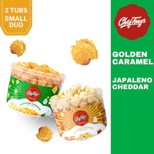 Chef Tonys Ready to Eat Popcorn - 2 Small Tubs Golden Caramel and Jalapeno Cheddar