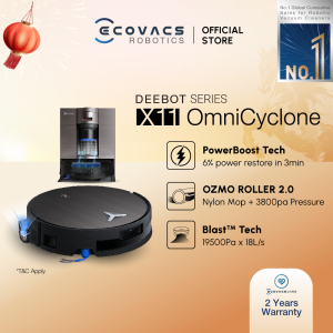 [NEW] ECOVACS DEEBOT X11 OmniCyclone Robot Vacuum | 19500PA BLAST™| PowerBoost Charge| Ozmo Roller™ Mop 2.0 | 75°C Hot Water Wash & Hot Air Dry | TruePass 4WD Climbing | ZeroTangle Pet Hair 3.0 | AIVI 3.0 Obstacle Avoidance [2 Years Warranty]