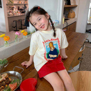 WANDER เสื้อผ้าเด็กผญ เสื้อยืดเด็กหญิง พิมพ์ลายแฟชั่น เสื้อทรงหลวมผ้าฝ้ายเด็กกลางและใหญ่2374