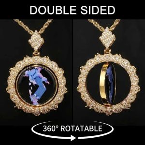 HHIOK Custom Double Side Thorns Photo Necklace Rotating Circle Picture Pendant Chain Personalized Cubic Zirconia Hip Hop Jewelry for Women