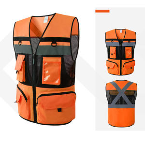 Orange Mesh Work Vest Multi Pockets Man Working Clothes Construction Industrial Workwear Logo Printing Working Waistcoats