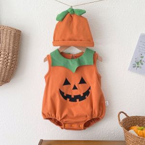 New Halloween European and American Baby New Funny Round Neck Sleeveless Pumpkin Romper for Boys Baby Onesie Crawling Suit