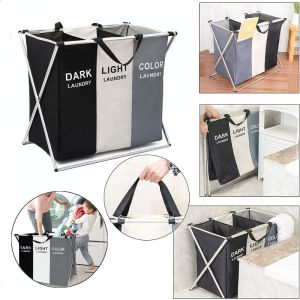 Laundry Basket Three Grid Organizer Basket Home Large Dirty Clothes Storage Oxford Cloth Waterproof Laundry Hamper
