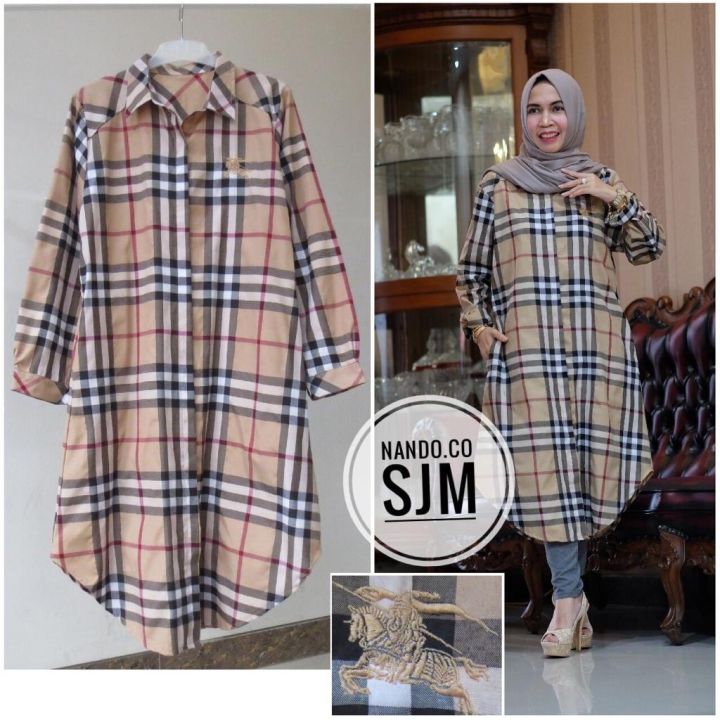 SJM kotak burberry mocca pakaian wanita long tunik lengan panjang kemeja fit XL XXL 3XL 1824 Lazada Indonesia