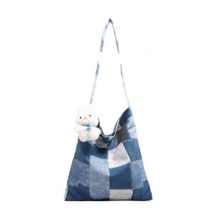 Canvas Shoulder Bag With Trendy Checkered Colored Patchwork for Women Large Capacity Underarm Handbag Purse Streetwear