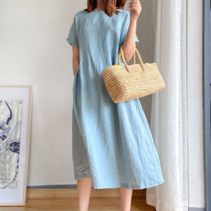 Cotton And Linen Dress Summer New Arrival Japanese Style Artsy Plus Size Loose Organ Pleated Elegant Mid-Sleeve Skirt