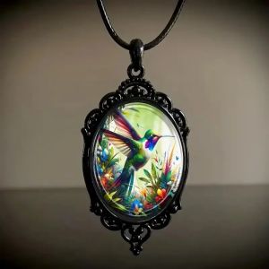 1 Stylish and Elegant Black Framed Glass Necklace with A Bird Like Pattern Paired with Romantic Gift Jewelry