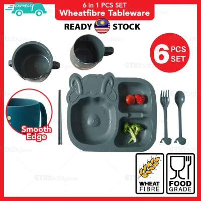 Kid Tableware 6 in 1 Wheat Fibre Plate Cup Bowl spoon fork & chopstick Set Alat Makanan Kanak 儿童餐具套
