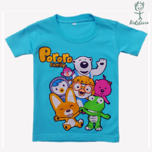Kaos Anak Motif Pororo Bahan Katun untuk Anak Usia 1-6 Tahun dan Balita Warna Biru Muda