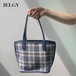 IELGY womens blue plaid bucket woolen handbag