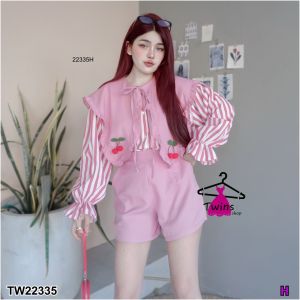P22335 set 2 ชิ้น เสื้อลายริ้วปกใหญ่ ติดอะไหล่ + กางเกงขาสั้น
