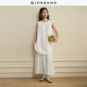 GIORDANO Women Dresses Eyelet Embroidered Maxi Dresses Fake Two-Piece Draped Hem Fashionable Casual Dresses 18466205