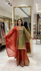 EOs Premium Embroidered Kurti Sharara Set with Lace Border Dupatta – Festive Collection