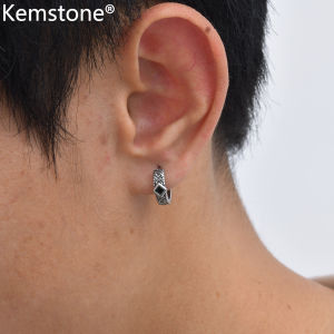 Kemstone Punk Mens Stainless Steel Hoop Earrings Black Rhombus Design for Pierced Ears