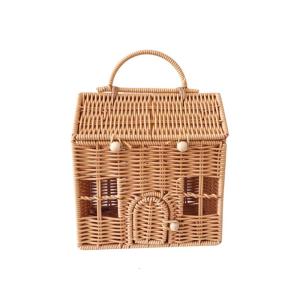 Decorative Rattan Suitcase Box Plastic Handwoven Wicker House Shaped Basket with Handle Festival Gift Wrapping Bag