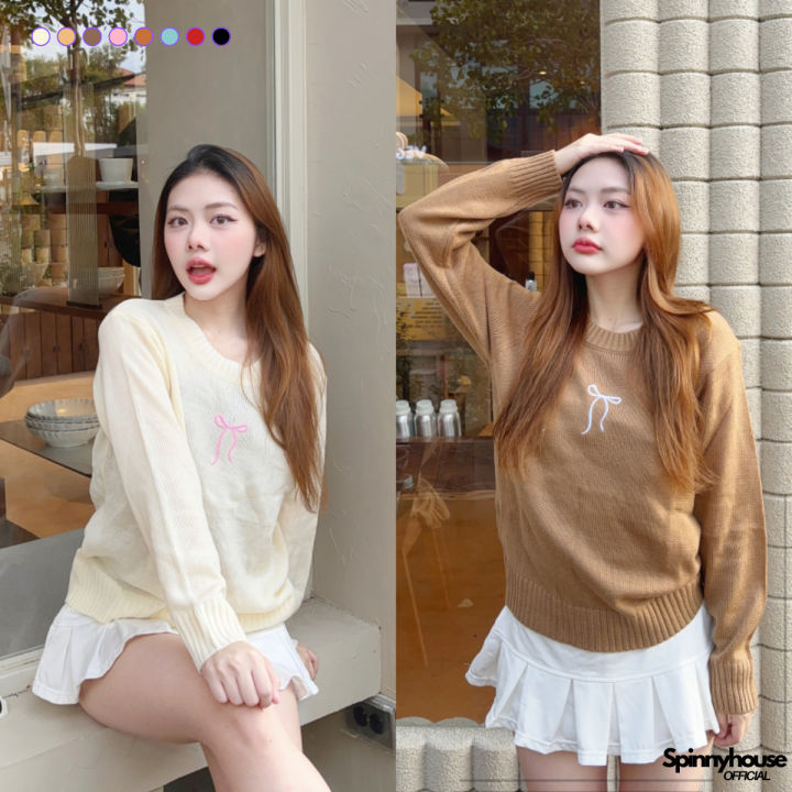 🌈SpinnyHouse🌈เสื้อไหมพรมแขนยาว สเวตเตอร์ปักโบว์ 🎀 ผ้าไหมพรมถัก สาวอวบ ...