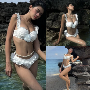 ชุดว่ายน้ำดันเอวต่ำสำหรับผู้หญิงชุดว่ายน้ำจับจีบชุดว่ายน้ำคอวีมีระบายมีสไตล์ชุดว่ายน้ำดัน