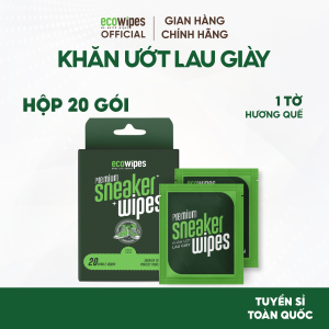 Hộp 20 gói khăn ướt lau giày thể thao Sneaker EcoWipes travel size gói 1 tờ hương quế khử mùi tạo bọt tự tan lau siêu sạch