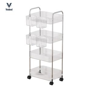 4 Layer Rolling Trolley Storage Rack with Hanging Basket Mobile Storage Shelf Transparent Rolling Cart for Kitchen Bathroom [Vodool Shophouse]