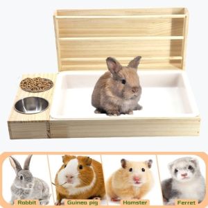 ER52858 Multifunctional Rabbit Hay Feeder with Litter Box Wooden Hamster Food Dispenser Combination Double Basin Bunny Feeding Manger for Home