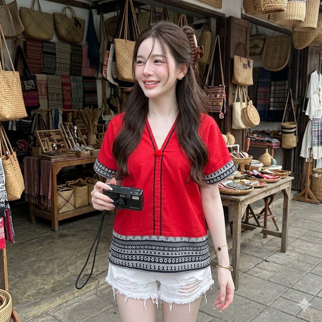 LANNA เสื้อผ้าฝ้ายคอวีหน้าหลัง แขนลวดไหล่ แต่งผ้าทอนากา ทรงหลวมสบาย คละสี มุมมองที่ 5