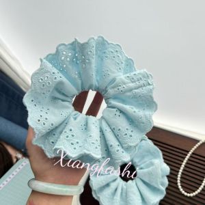 DAN S ผ้าผ้าทอ รองเท้ารัดส้นลูกไม้ โอเวอร์ไซส์ รูปทรงดอกไม้ ยางรัดผมขนาดใหญ่ปักลาย ละเอียดอ่อนและละเอียดอ่อน เป็นรูกลวง เชือกผูกผมเกินจริง สำหรับผู้หญิง