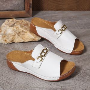 Free Shipping WomenS New Style Large-Size Casual Fashionable And Minimalist Wedge-Heeled Sandals With A Metal Buckle And A Fish-Mouth Design