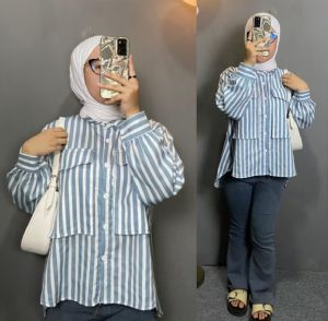 Atasan Kemeja Emil Basic Formal Saku Dua Motif Salur Bahan Poly rayon Terbaru