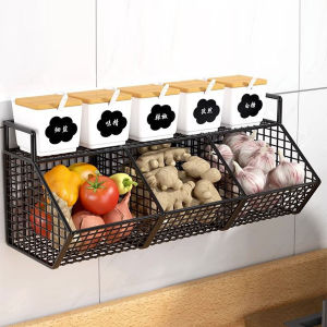 Kitchen Wall Hanging Seasoning Organizer Rack Onion Garlic Organizer Basket Double Vegetable Storage Basket Spice Bottle Container Condiment Jars Storage Rack Kitchen Bathroom Wall Mounted Shelf