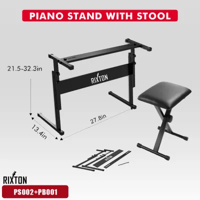 RIXTON Double X Keyboard Stand and Bench Set Adjustable Height Piano Stand with Lockable Straps for 49 61 76 88 Keys