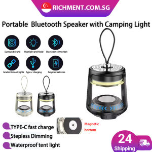 【✅SG Brand】RICHMENT Mini Portable TWS 3D Stereo Interconnection Bluetooth Speaker with Waterproof LED Camping Light Strong Magnetic Attraction Noise Cancelling Sound Glass and PC Build for Outdoor Camping Sports Emergency and Indoor Use