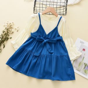 Bear Leader Kids Round Neck Fake Two-piece Patchwork Christmas Dress Korean Long Sleeved Tie Baby Girls Clothes 2-7 Years Spring and Autumn Childrens Casual Wear