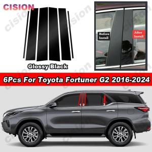 6Pcs Glossy Carbon Fiber Chrome Black Car Door Middle Column Window Center B C Pillar Post Cover Trim Frame Panel Mirror Effect PC Material Sticker For Toyota Fortuner 2016-2025