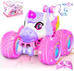 Remote Control Car for Girls 360 °   Rotating 4WD RC Stunt Cars Unicorn Monster Truck Toys with Light and Music 2.4 GHz Rechargeable Various Terrain Pink Car Girl Christmas Birthday Gift Age 3-10
