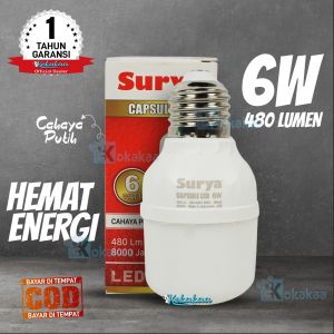 Surya CAPSULE LED 6 Watt Bohlam Lampu Buat Kamar Tidur Lumen 480Lm Garansi Resmi 1 Tahun (Umur 8000 Jam) - Putih